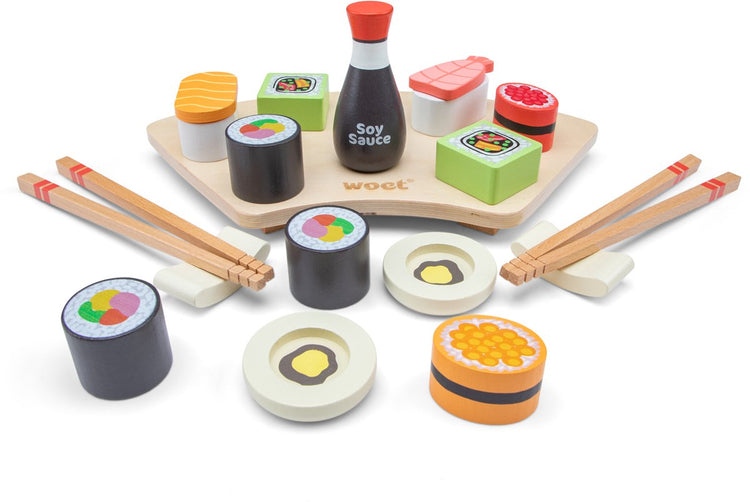 Woet® Sushi-Spielset aus Holz – 21-teiliges japanisches Rollenspielspielzeug – inklusive Essstäbchen, Sojasauce und Servierbrett – Spielzeugessen – lehrreiches Küchenspielzeug – ab 3 Jahren