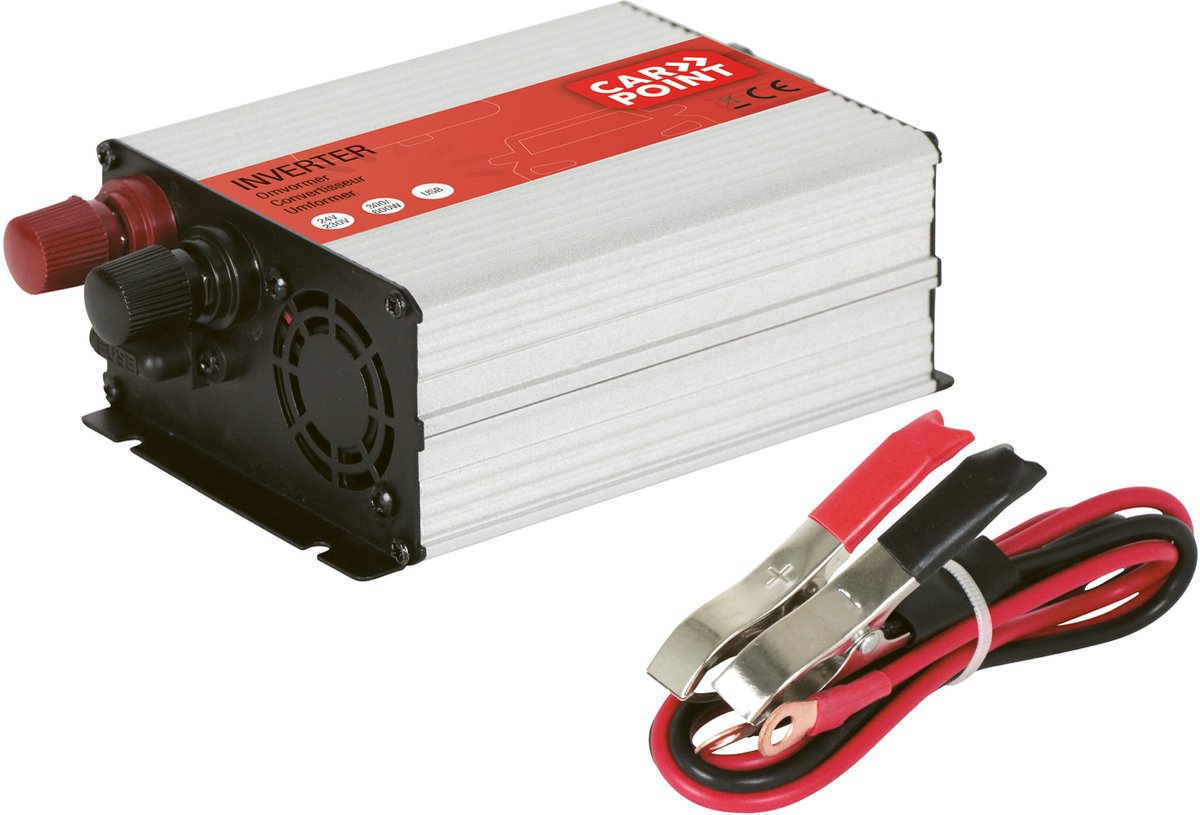 Carpoint-Wechselrichter – 24 V > 230 V – Dauerleistung 300 W – Spitzenleistung 600 Watt – USB-Anschluss zum Laden anderer Geräte – Anschluss an die Batterie mit Batterieklemmen – integrierter Kühlventilator – Abmessungen 120 x 100 x 50 mm