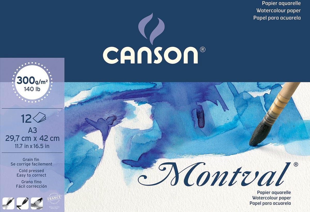 Canson Montval Aquarellpapier, weiß mit feiner Körnung, 300 g/m², ft A3, Block mit 12 Blatt