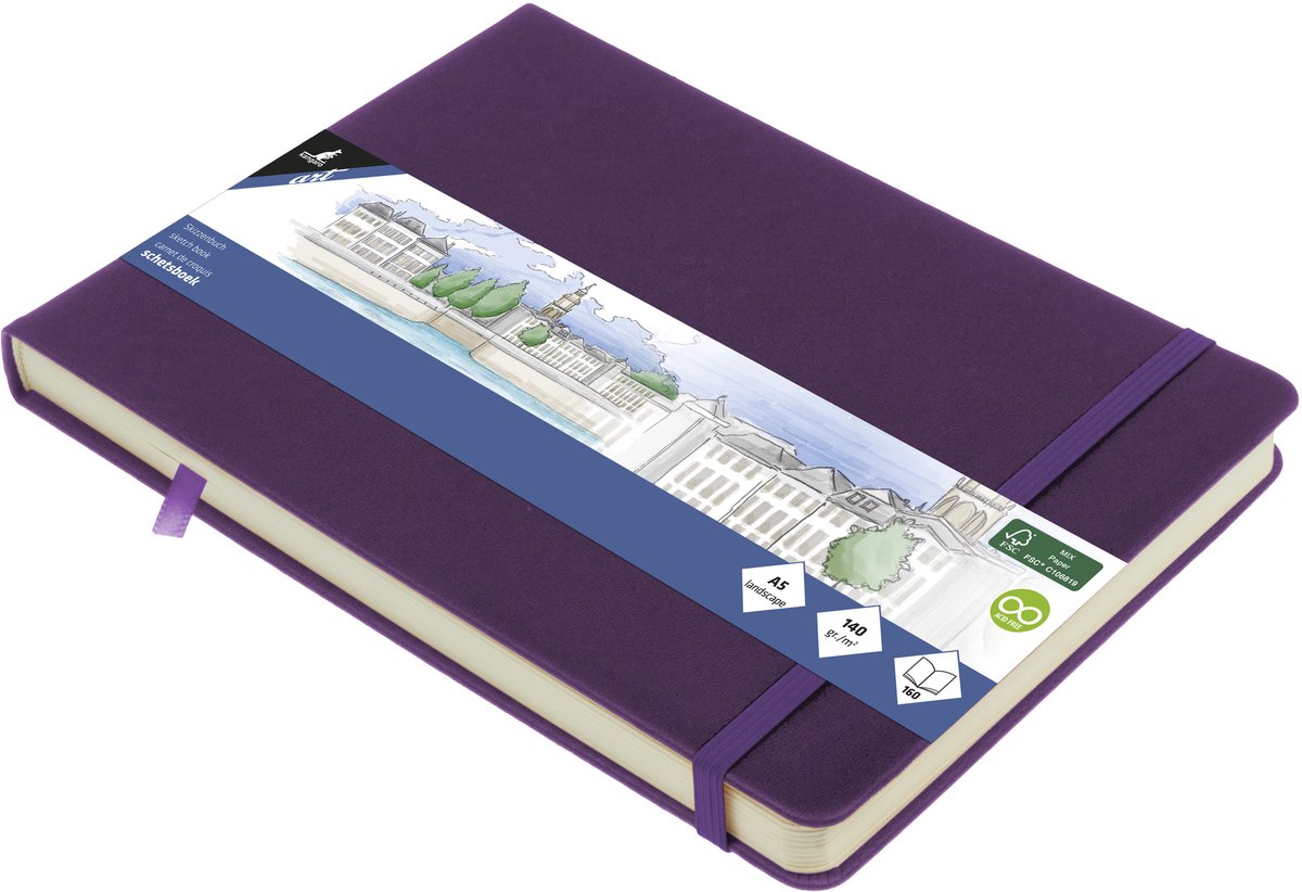 Kangaro-Skizzenbuch – Größe A5 quer – lila Herz – mit Gummiband und Band