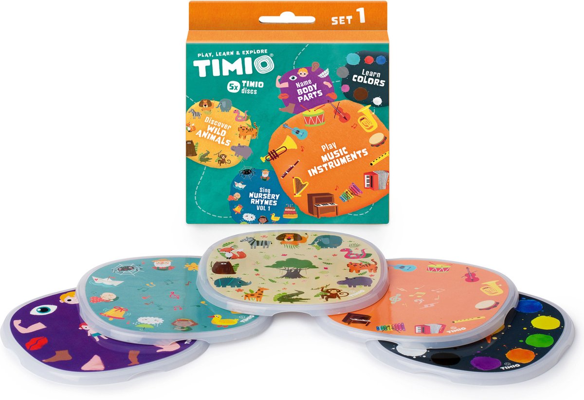 Timio Disk-Set Nr. 1: 5 Audio-Discs für den Player | Farben lernen, wilde Tiere, Musikinstrumente, 96 Kinderlieder Bd. 1, Körperteile | alles in 8 Sprachen | Lernspielzeug von 2 - 6 Jahren