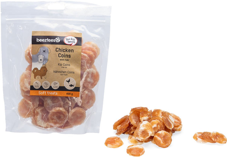 Beeztees leckere Leckereien Hühnermünzen mit Fisch – Hundesnacks – Hundekekse – Hundeleckerlis – 400 Gramm
