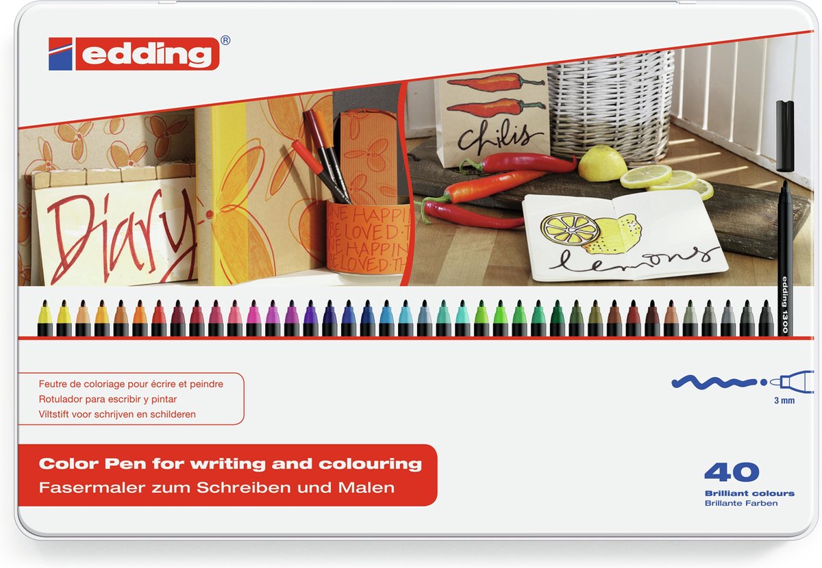Edding 1300 40 s Zeichen-Filzstift-Set – 40 Stück in verschiedenen Farben – Rundspitze 2 mm – schön zum Verschenken – Tinte auf Wasserbasis – zum Schreiben, Skizzieren und Layouten auf hellem Papier