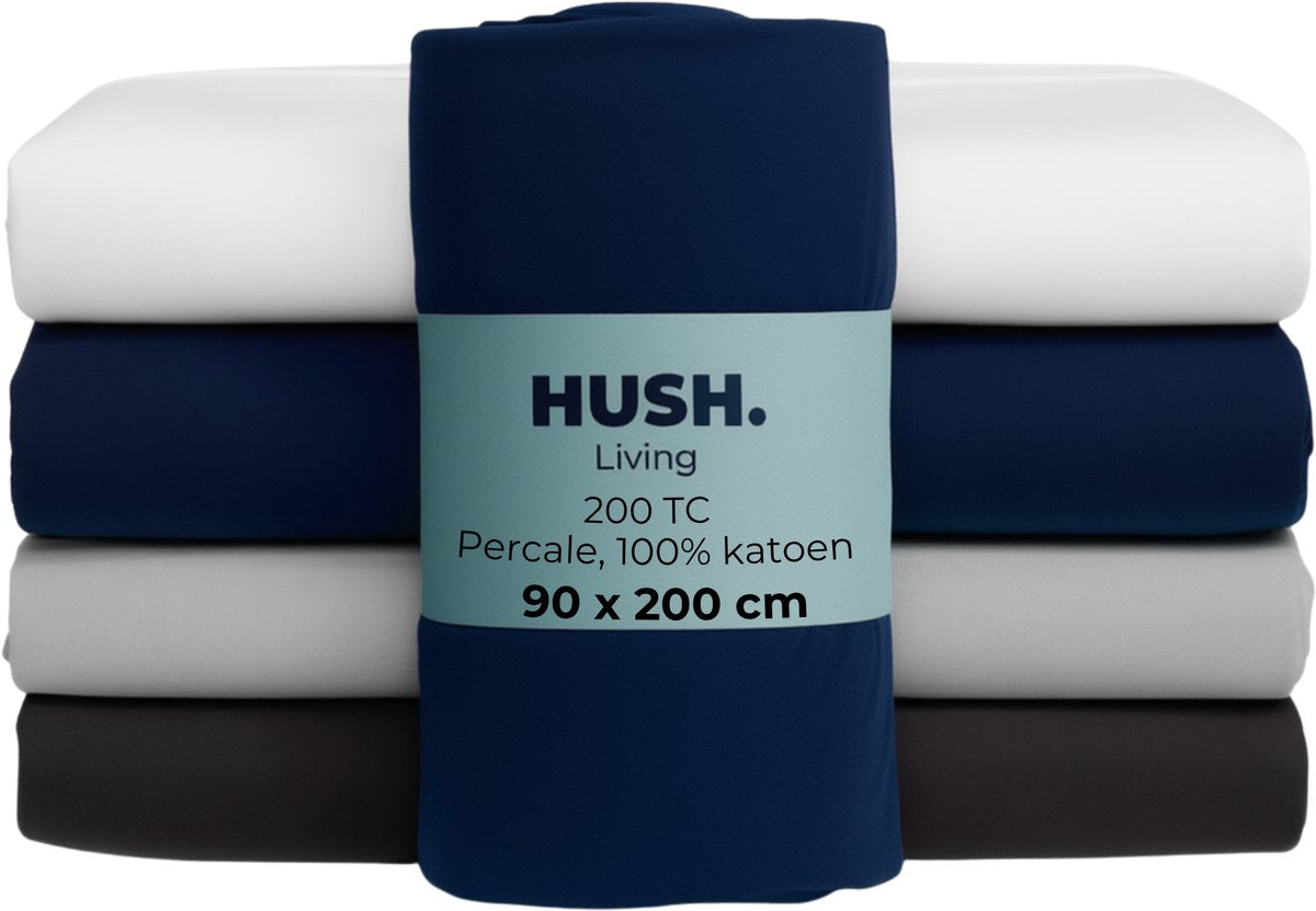 Stille. Living Hush Living Spannbetttuch Perkal – 100 % Baumwolle – 200 tc – extra frisch und kühl – stark und langlebig – rundum elastisch – 90 x 200 + 30 cm – Marineblau