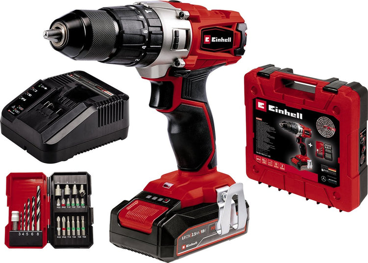 Einhell Akkuschrauber TE-CD 18 2 Li-I Kit – Power X-Change – 18 V Li-Ion – mit Schlagfunktion – 2 Geschwindigkeiten – 44 Nm – inkl. 1x 2,5 Ah Akku und Ladegerät, Koffer und 22-teiliges Zubehörset