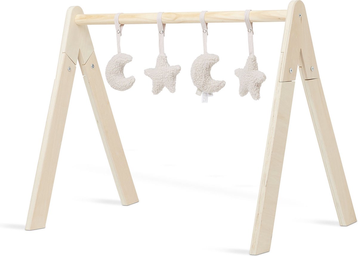 Jollein – Baby-Fitnessspielzeug – Babyspielzeug-Kleiderbügel – Holz-Polyester – Mond – Nougat