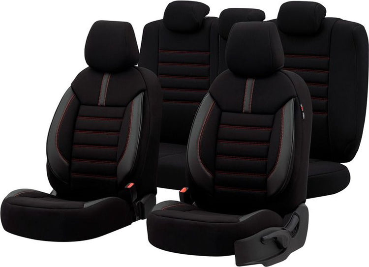 Otom Universal-Stoff-Leder-Sitzbezug-Set 'Limited' schwarz + rote Nähte - 11-teilig - geeignet für Seitenairbags