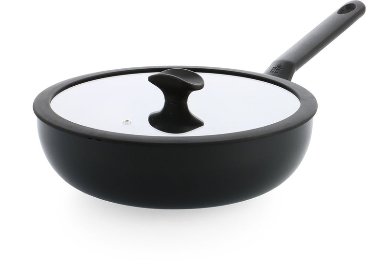 BK Enjoy Wok-Pfanne 28 cm – 4,2 l – PFAs-freie Antihaftbeschichtung – Wok-Pfanne Induktion – Keramikpfanne – ofenfest bis 160 °C – Kaltgriffe – mit Glasdeckel – Schwarz