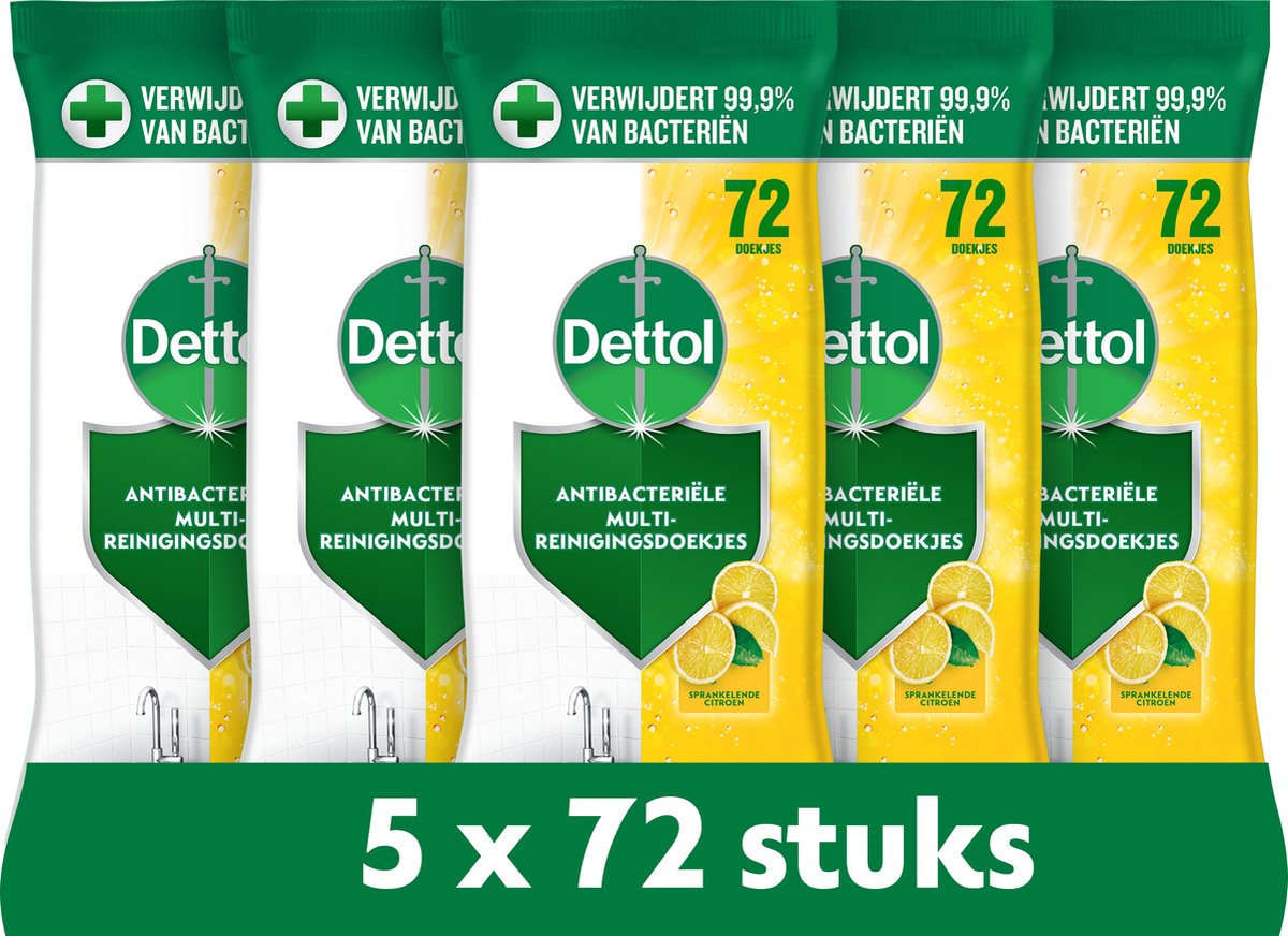Antibakterielle Reinigungstücher von Dettol – Sparkling Lemon – 72 Stück – 5 Stück – Vorteilspackung