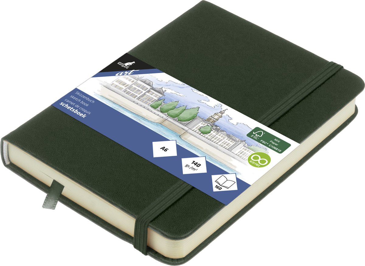 Kangaro-Skizzenbuch – A6 – Waldgrün – PU-Hardcover – mit Gummiband und Leseband – K-861218