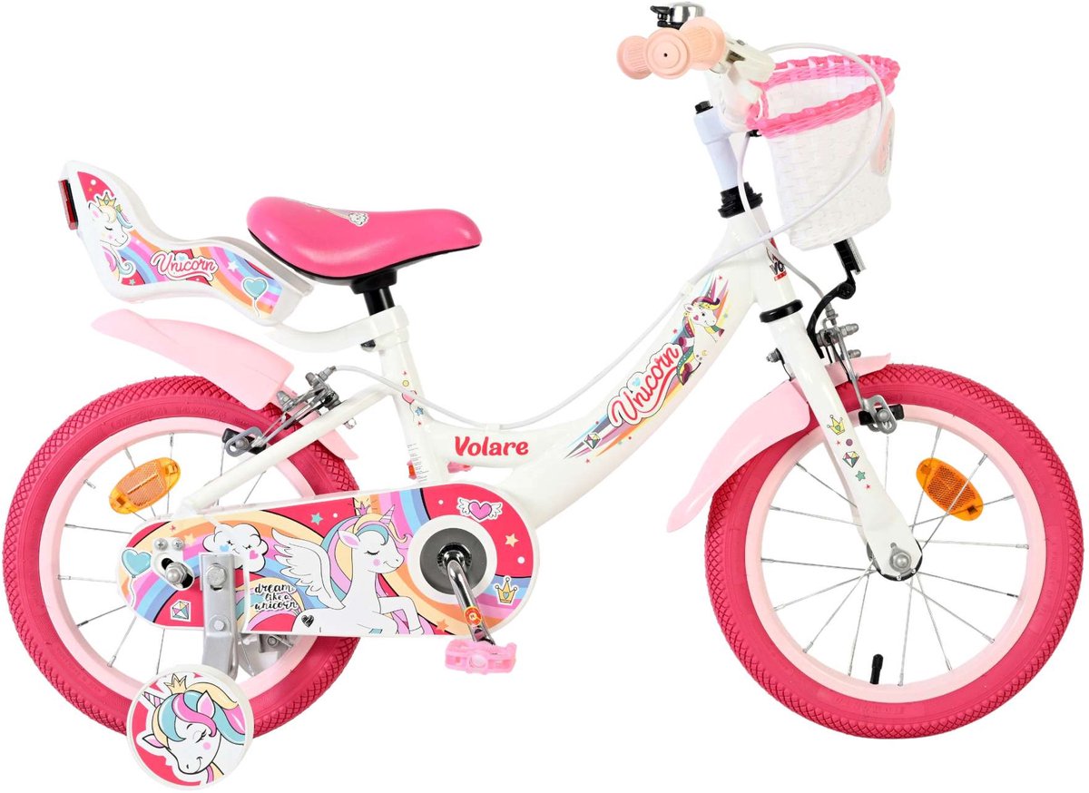 Volare Einhorn Kinderfahrrad – Mädchen – 14 Zoll – weiß – zwei Handbremsen