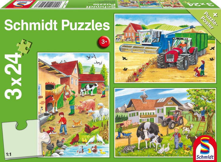 Schmidt Spiele - Puzzleset Bauernhof - 3 Puzzles in 1 Box - Thema Gospodarstwo - Kinderpuzzles