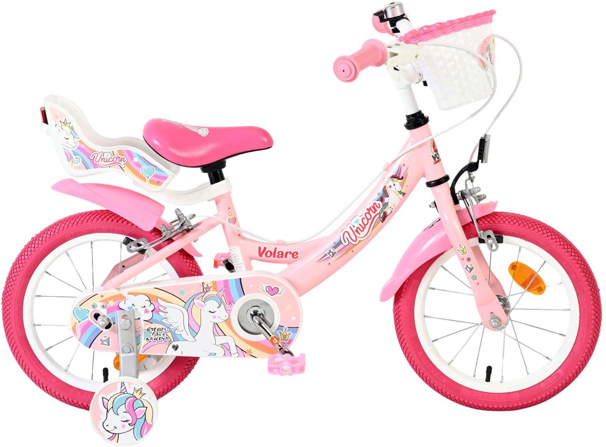 Volare Einhorn Kinderfahrrad – Mädchen – 14 Zoll – Pink – zwei Handbremsen