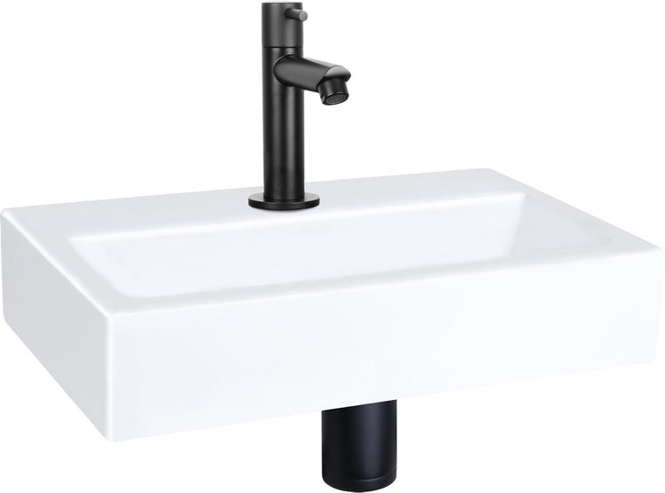 Differnz Flachbrunnen-Set – 38 x 24 x 8 cm – rechteckig – 1 Hahnloch – gerader mattschwarzer Wasserhahn – Keramik weiß
