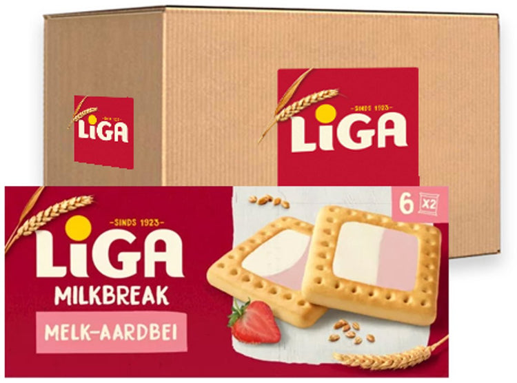 Liga Milkbreak Duo Cookies Milch Erdbeere - Box 12 x 245g - Cookie - Kekse für unterwegs oder Arbeit und Büro