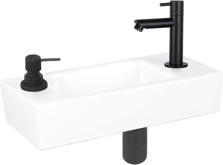 Differnz Saponbrunnen-Set – 42,5 x 18,5 x 9 cm – rechteckig – 1 Hahnloch – schwarz matt – Keramik weiß