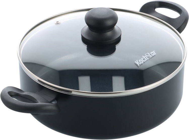 Kochstar Essenz Keramiktopf mit Deckel – 24 cm – 3,5 l – PFAS-frei – Induktionstopf – Induktionspfanne – Keramik-Antihaftbeschichtung – Kühlgriff – ofenfest bis 130 °C – Schwarz
