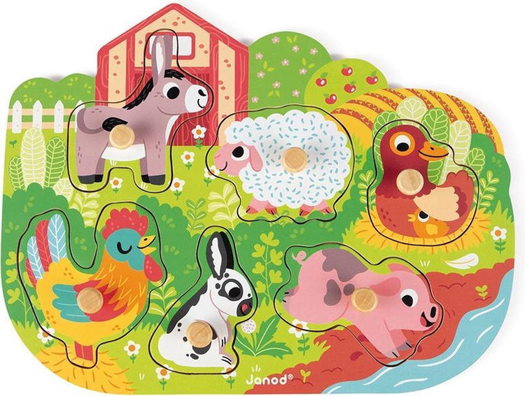 Janod - Holzknopfpuzzle - Happy Farm - 6 Teile