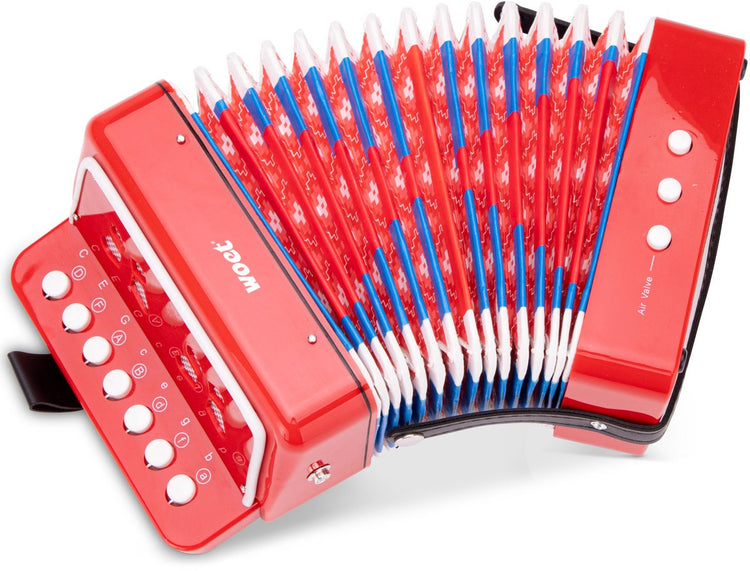 Woet® Spielzeug-Akkordeon für Kinder – Spielzeuginstrument – Rot – inklusive Notenheft mit 8 Liedern – ab 3 Jahren