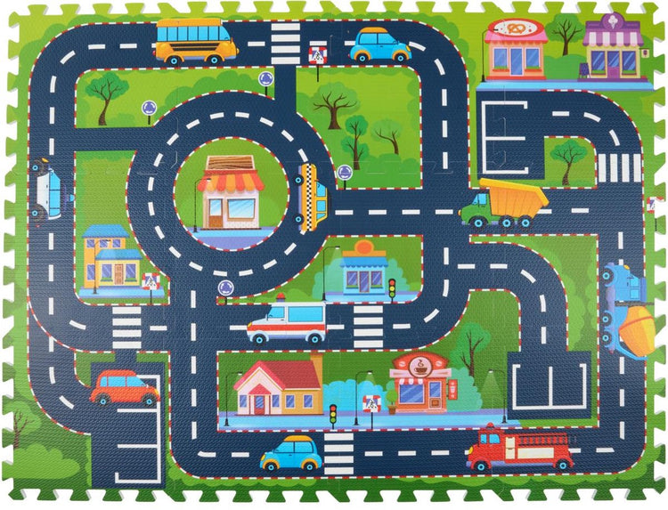 Eddy Toys Puzzlematte Stadt 12 Teile – Spielmatte mit Straßen und Autos – Schaumstoff-Spielmatte für Kinder mit Fliesen – Straßennetz-Spielmatte für drinnen – Bodenmatte Spielzeug – 90 x 120 cm