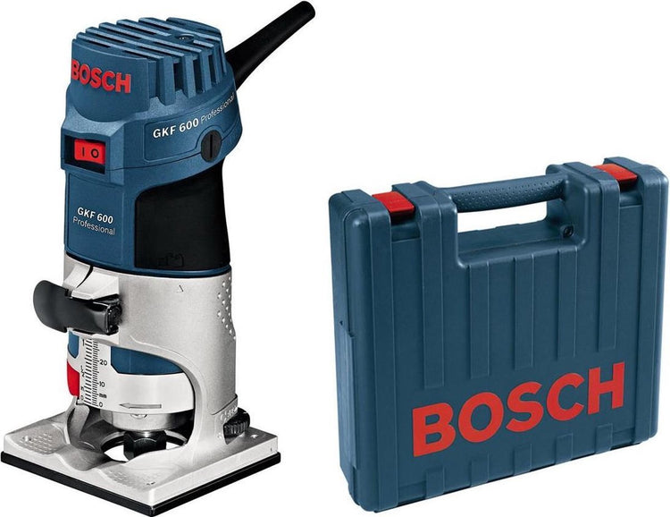 Bosch Professional - Kantenfräsmaschine GKF 600 (Führungshilfe, Parallelanschlag, Spannzange mit Überwurfmutter 6 mm, Spannzange mit Überwurfmutter 8 mm, Maulschlüssel 17 mm)