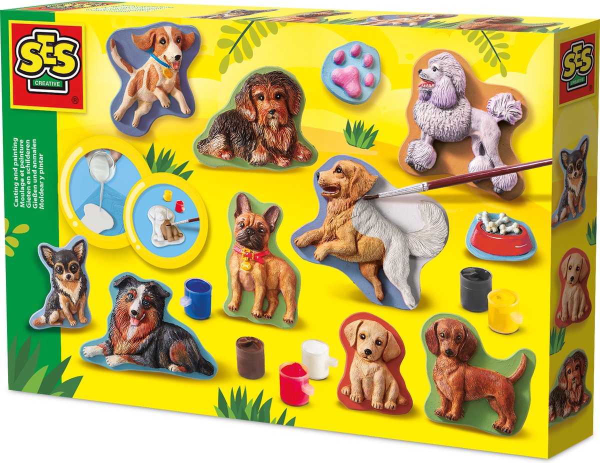 Ses kreativ – Gießen und Malen – Hunde – Gipsabdruck – inklusive Form, Gips, 6 Farben Farbe, Pinsel und Spachtel – Basteln für Kinder ab 5 Jahren