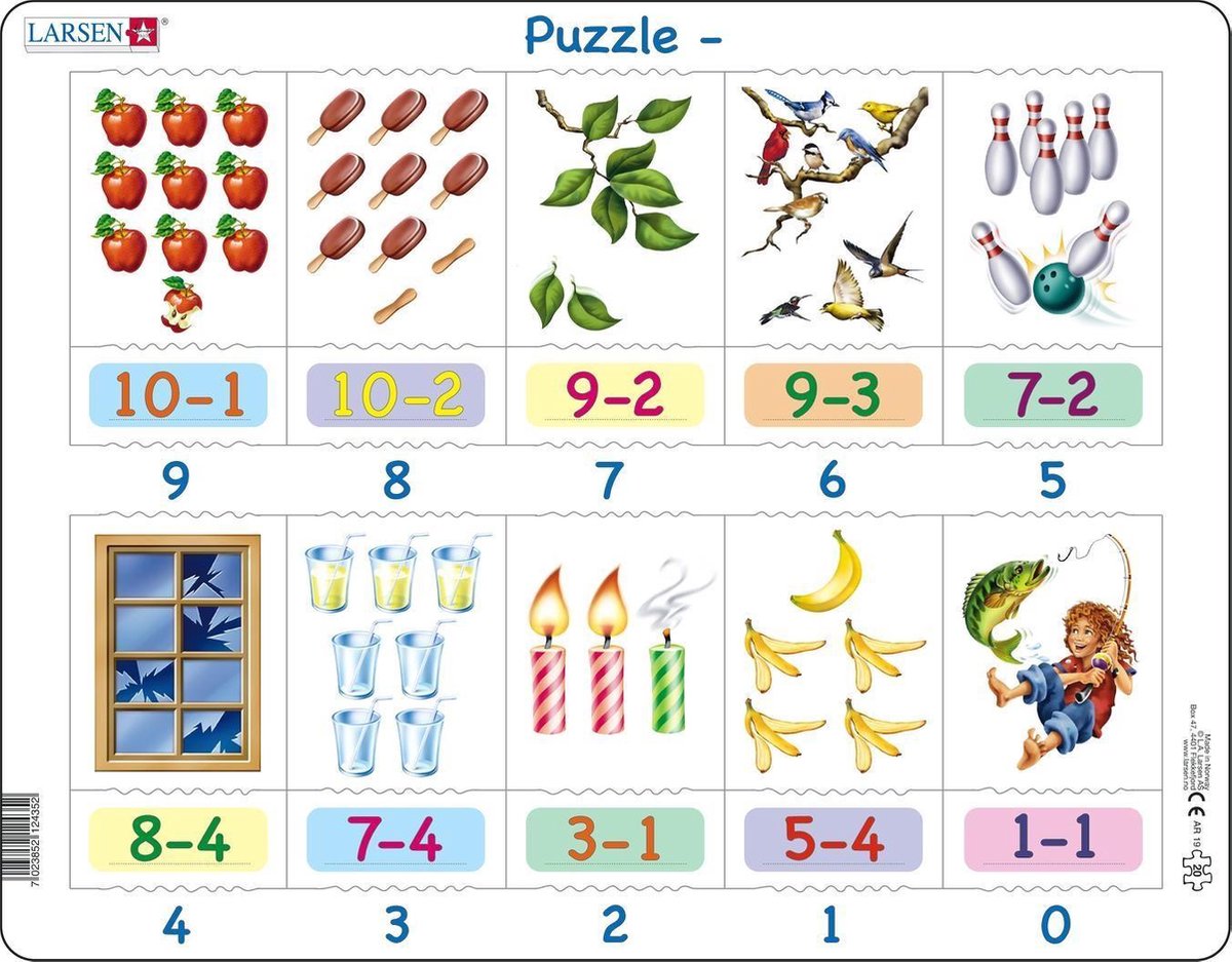 Larsen Subtraktion – Puzzle – Zählen lernen – Subtraktion – Lernpuzzle für Kinder – 20 Teile – hergestellt in Norwegen – extra dicke 2,5 mm Teile – Tablett mit festem Rand