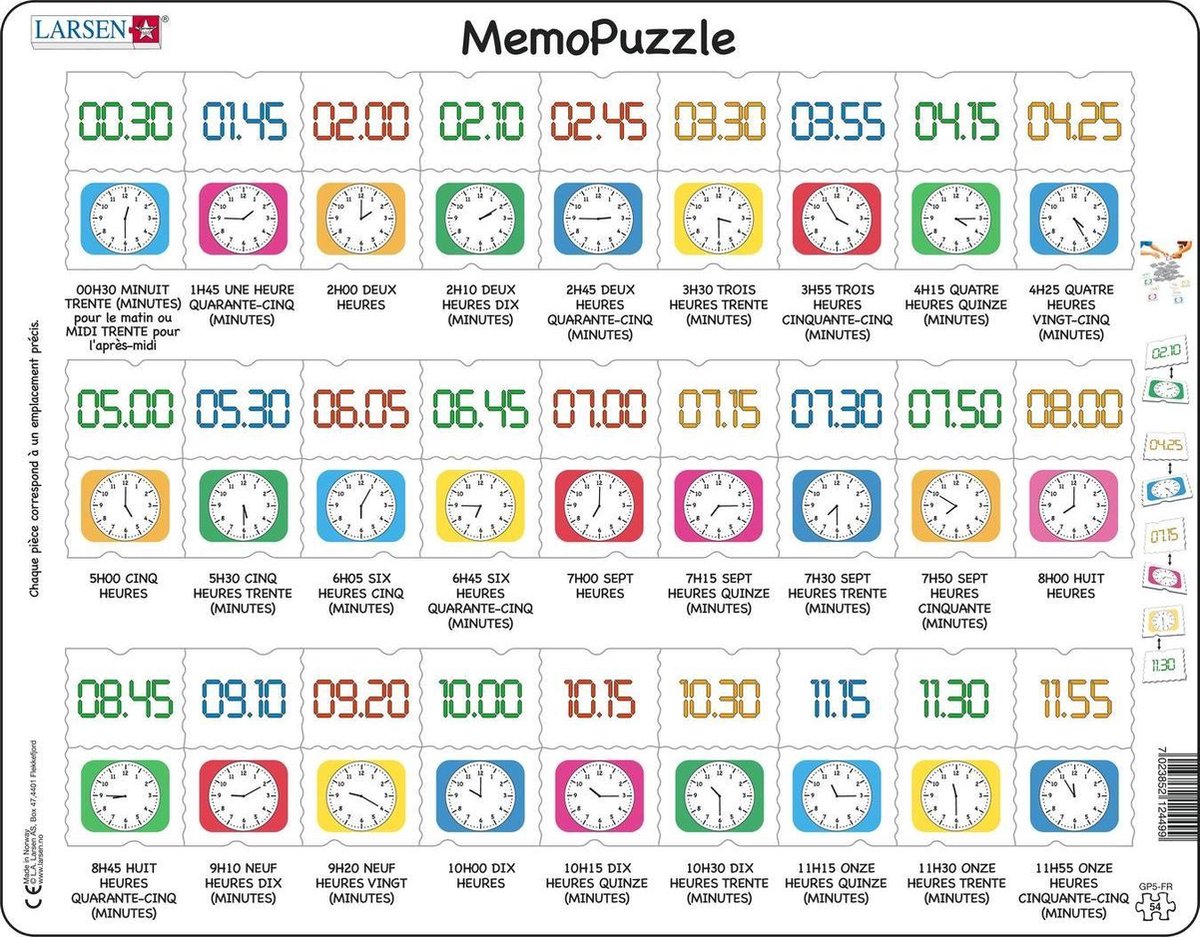 Larsen apprendre l'heure – Puzzle-Mémo – Uhr – Lecture de l’heure – Puzzle éducatif pour enfants – 54 Teile – in Norwegen hergestellt – extra 2,5 mm dicke Teile – Plateau mit festem Rand
