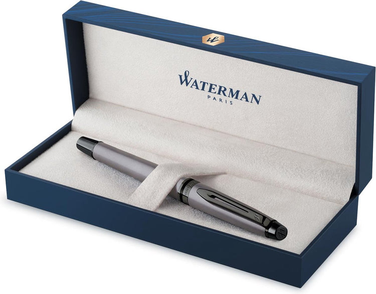 Waterman Expert Tintenroller | metallische Silberfarbe mit Rutheniumdetails | feiner Punkt | schwarze Tinte | with gift packaging