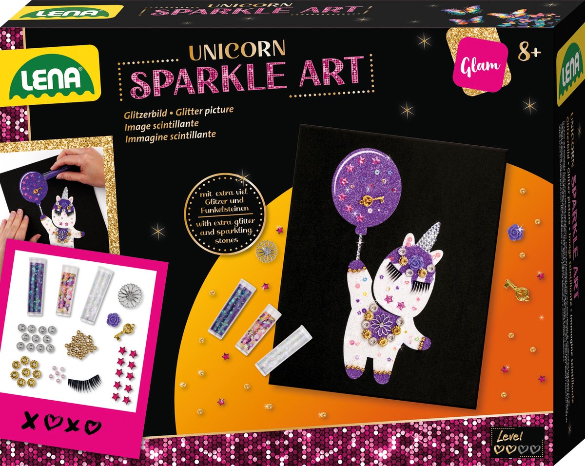 Lena Bastelset Einhorn-Glitzerkunst mit Einband und Glitzer.