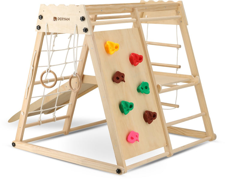 Deryan Spielklettergerüst aus Holz - faltbar - mit Rutsche Kletterwand