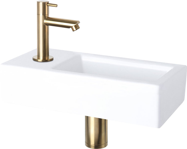 Differnz Helios Springbrunnen-Set 37,5x18,5x9 cm – Waschbecken aus Keramik weiß – mit Kaltwasserhahn links rechts mattgold – WC-Springbrunnen-Set – inkl. Siphon-Ablaufstopfen immer offen – Wandmontage