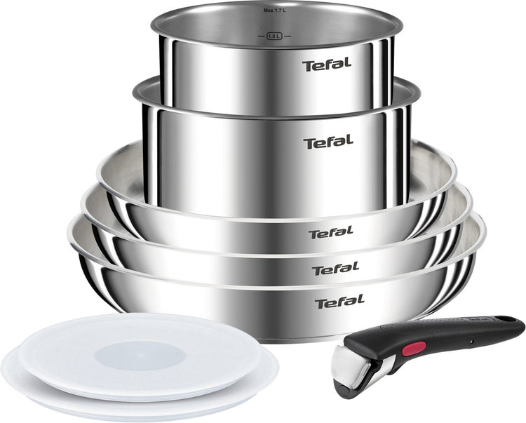 Tefal Ingenio Emotion L8968S04 – 8-teiliges Pfannenset – Bratpfannen und Töpfe aus Edelstahl – abnehmbarer Griff – hermetische Deckel – stapelbar – induktionsherdgeeignet