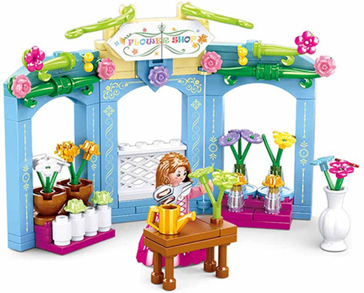 Sluban-Dorfzeit-Floristik-Bauspielzeug für Kinder ab 6 Jahren – Bauspielzeug-Modell-Blumenladen – Baukasten mit 154 Bausteinen und 1 Minifigur – M38-B0905