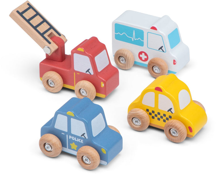 Woet® Holzfahrzeug-Set – 4 Spielzeugautos – Polizei, Feuerwehr, Krankenwagen und Taxi – Spielzeug-Einsatzfahrzeuge – ab 18 Monaten