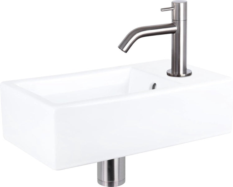 Differnz Force Brunnenset - Keramik - Wasserhahn gebogen matt verchromt - 40 x 22 x 11,5 cm