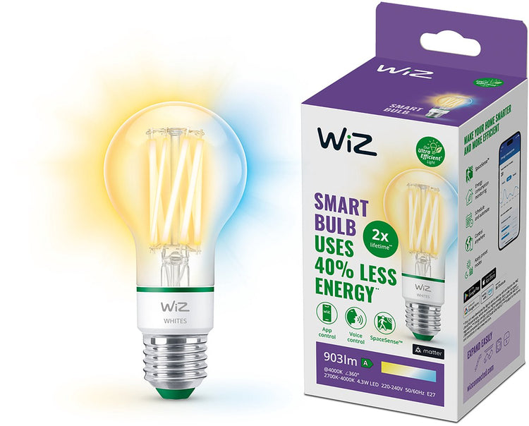 Wiz-Filamentlampe – warmes bis kaltweißes Licht – intelligente LED-Beleuchtung – ultraeffizient; Energieklasse A – E27-Fassung – 60 W – transparent – WLAN