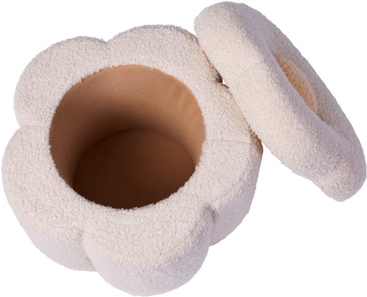 Childhome Blumenhocker – Spielzeugkiste – 2-in-1-Aufbewahrungsbox – 35 x 35 x 32 cm – Ecru – Teddystoff – weicher Sitzhocker – Aufbewahrungsbox mit Deckel