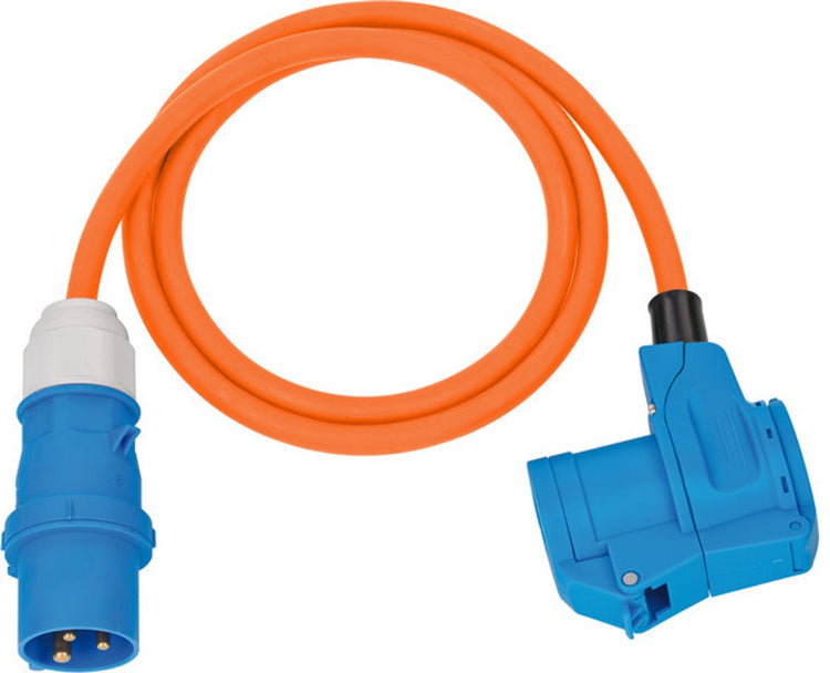 Brennerstuhl Camping Cee-Adapterkabel mit Cee-Stecker und Winkelkupplung inkl. Schutzkontakt-Kombisteckdose (1,5m Kabel in Orange, 230V 16A, für den Außenbereich, hergestellt in Deutschland)