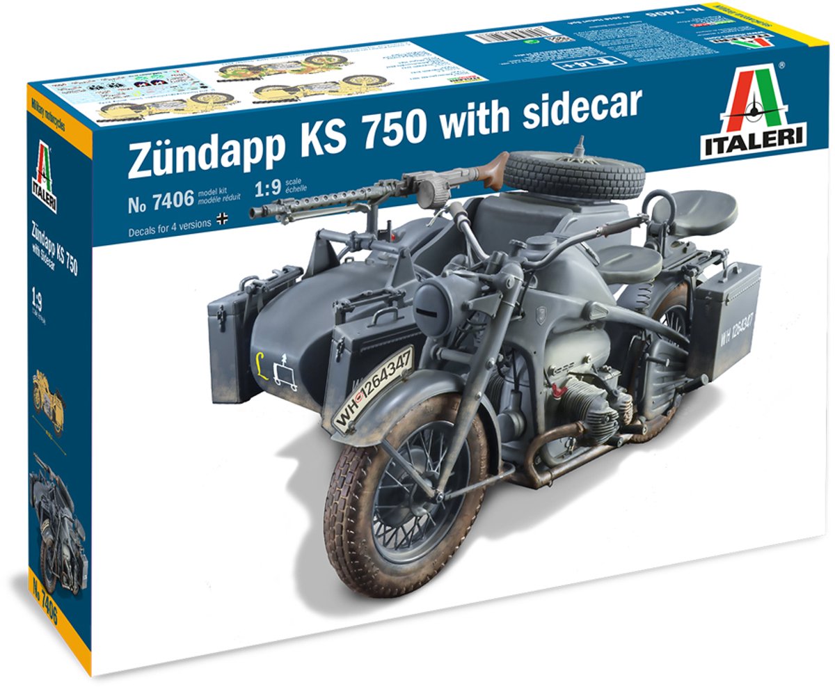 Italeri Modellbausatzauto – 7406 Zundapp KS 750 mit Beiwagen aus Kunststoff – 1:9 – Modellbau