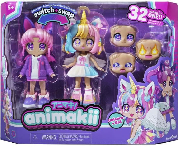 Bandai – Einhorn und Fledermaus Animakii – anpassbares Puppenset – 1 Puppe, 4 Gesichter, 2 Frisuren, 2 Outfits, 2 Paar Schuhe – kreatives Spielzeug ab 5 Jahren – hea26348