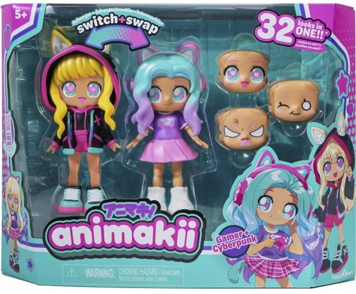Bandai – Animakii Cyberpunk Gamer – anpassbares Puppenset – 1 Puppe, 4 Gesichter, 2 Frisuren, 2 Outfits, 2 Paar Schuhe – kreatives Spielzeug ab 5 Jahren – hea26350