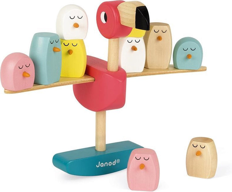 Janod Zigolos - Holz-Balancespiel Flamingo - Balance- und Geschicklichkeitsspiel - Wer als Erster den Flamingo und seine Kleinen umwirft, verliert! - geeignet ab 3 Jahren