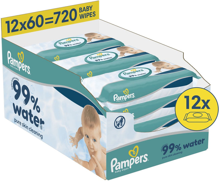 Pampers Babyfeuchttücher mit 99 % Wassergehalt – 12 Packungen mit 60 Tüchern = 720 Babyfeuchttücher