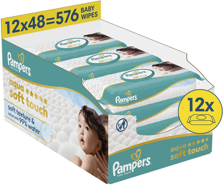 Pampers Aqua Soft Touch Babytücher – 12 Packungen mit 48 Tüchern = 576 Tücher