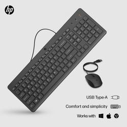 HP 150 Maus und Tastatur mit Kabel-Desktop-Set (Schwarz, EU-Layout (QWERTY), Membran, 100 %, 1600 dpi)