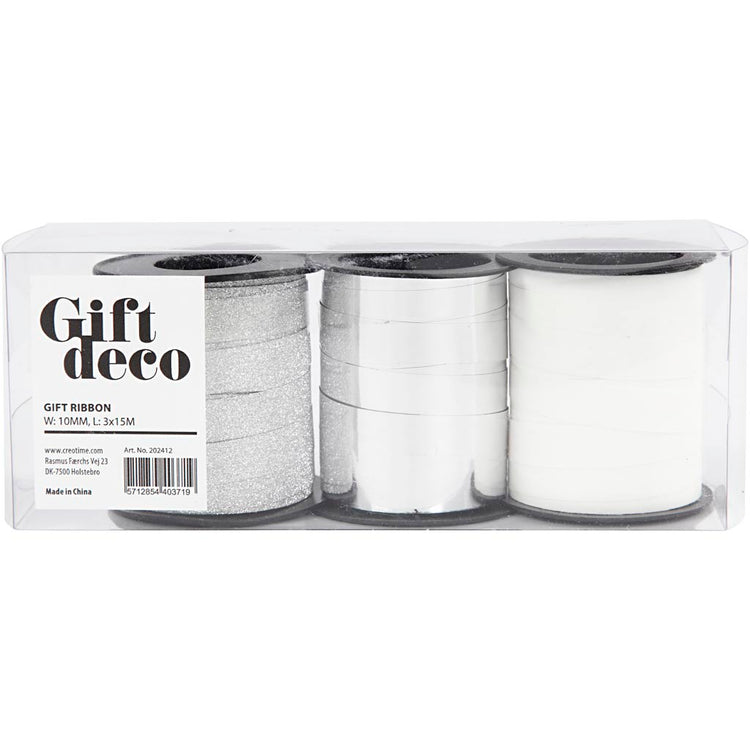 Creativ Company Geschenkband, B: 10 mm, Silber, Glitter Silber, Weiß, 3x15 m 1 Box