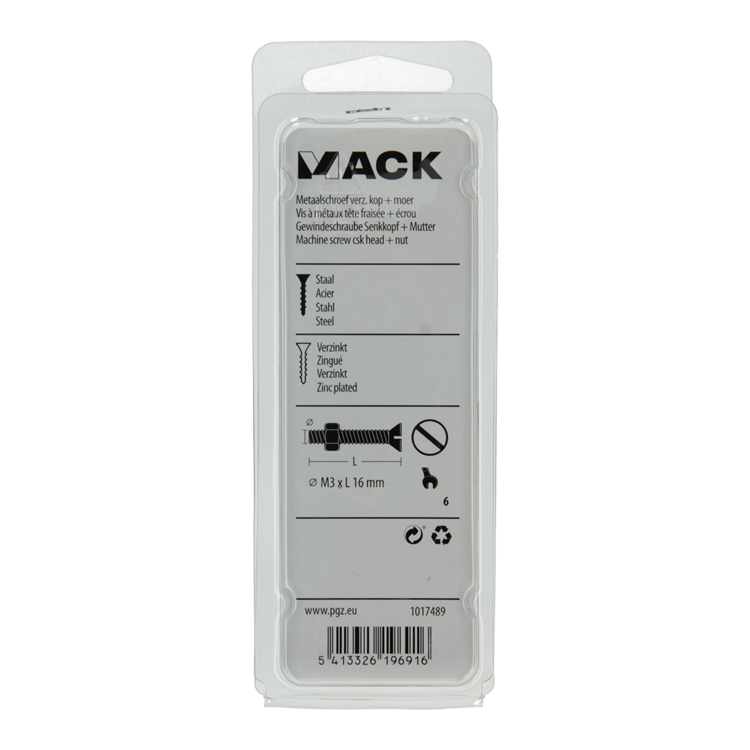 Mack 1017489 – Metallschraube verzinkt. Kopf + Mutter plattiert 27 Stück M3 x 16 mm | 10 Stück