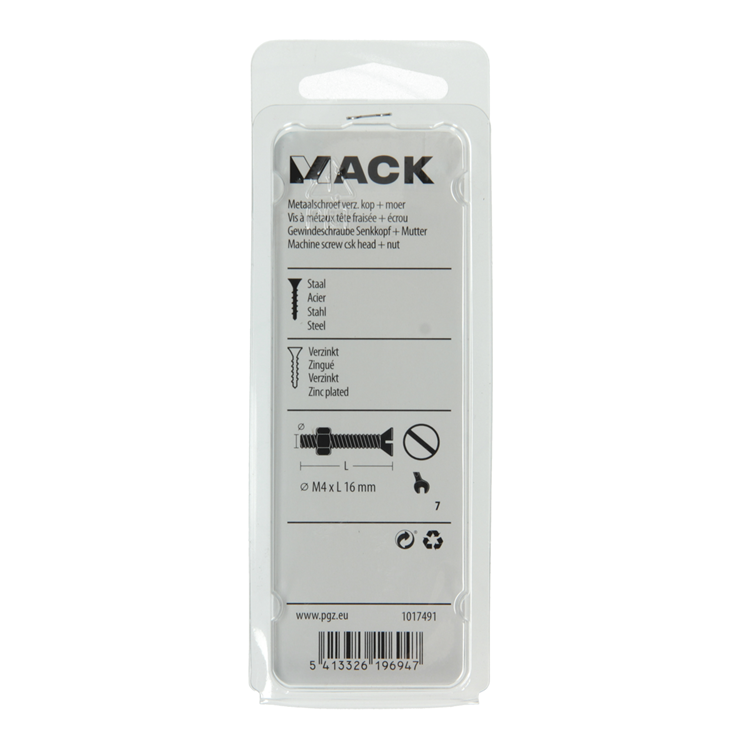 Mack 1017491 – Metallschraube verzinkt. Kopf + Mutter plattiert 20 Stück M4 x 16 mm | 10 Stück