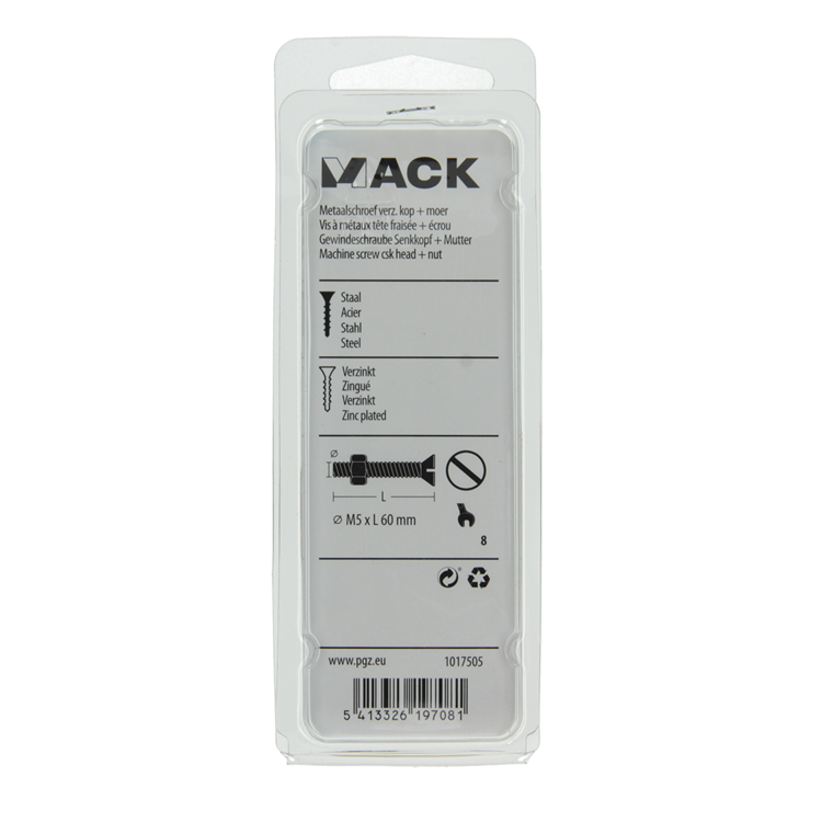 Mack 1017505 – Metallschraube verzinkt. Kopf + Mutter plattiert 7 Stück M5 x 60 mm | 10 Stück